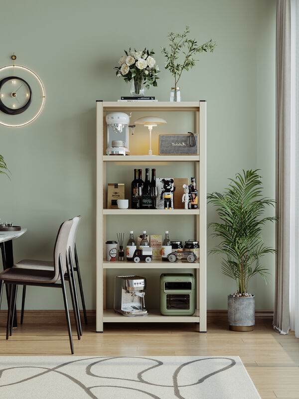 Metalen schap met een verstelbare hoogte met meerdere lagen, ontworpen voor ruimtegebruik met een sterk frame