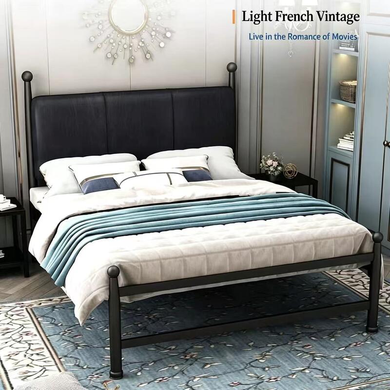 Modern French Style Metal Bed with Upholstered Headboard for Elegant Bedroom Furniture